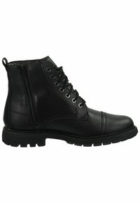 Botas de tobillo de cuero negro con puntera redonda, cordones en la parte delantera, cremallera lateral, parte superior texturizada y suela de goma resistente.