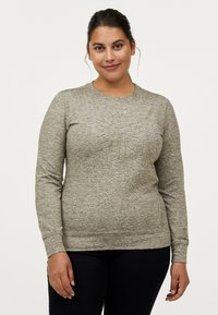 Lysegrå langærmet sweatshirt med tekstureret logo-design på fronten, rund halsudskæring og ribbede manchetter. Blød bomuldsblanding, løst fit.