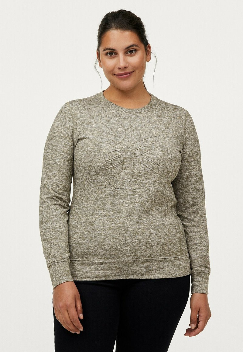 Lysegrå langærmet sweatshirt med tekstureret logo-design på fronten, rund halsudskæring og ribbede manchetter. Blød bomuldsblanding, løst fit.