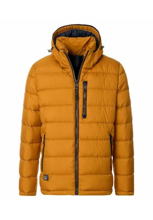 Gelbe Steppjacke mit Kapuze, mit einem Reißverschluss vorne, zwei Seitentaschen und einer Brusttasche mit einem kleinen Reißverschluss. Texturiertes, gestepptes Design.