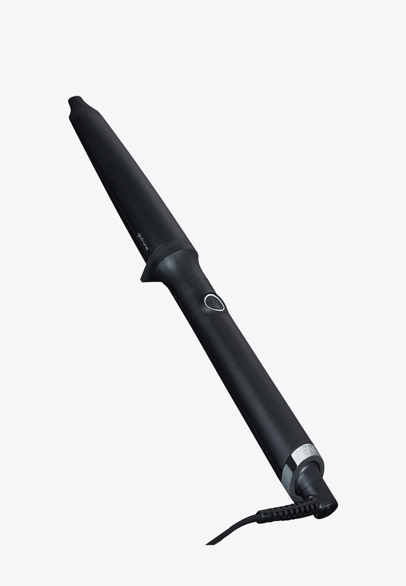 Fer à friser noir conique avec bouton d'alimentation et cordon rotatif, conçu pour coiffer les cheveux.