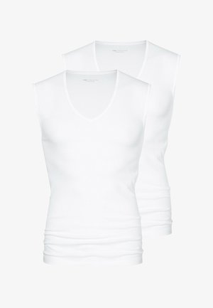 To hvide bomulds toppe uden ærmer med v-hals, der har et tætsiddende design og en glat tekstur, præget af en simpel og ren æstetik.