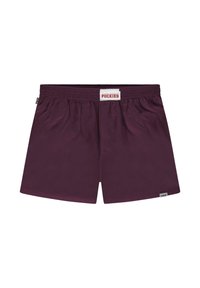 Shorts color bordeaux realizzati in tessuto morbido con vita elasticizzata. Presentano un'etichetta con il logo "POCKETS" e una superficie liscia.