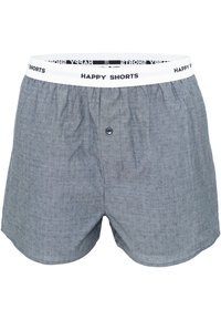 Boxer in cotone grigio con un elastico bianco in vita che presenta la scritta "HAPPY SHORTS", un bottone frontale e un motivo di tessuto texturizzato.