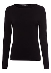 Zwarte sweater met lange mouwen van een textuurstof, met een ronde halslijn en een getailleerde pasvorm. Geen zichtbare hardware of patronen.