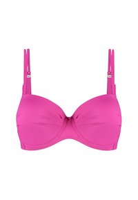 Roze onderwired bikini top met verstelbare bandjes, gladde textuur en geplooid detail in het midden. Bevat hardware-accenten in goudkleur.