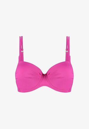 Różowy biustonosz bikini z drutami, z regulowanymi ramiączkami, o gładkiej teksturze i marszczonym detalu na środku. Posiada złotą hardware.