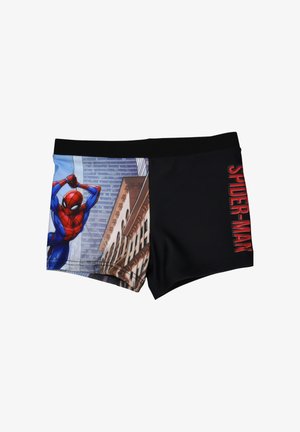Costume da bagno nero e blu con Spider-Man che si dondola tra gli edifici e la scritta "SPIDER-MAN" in rosso sul lato.