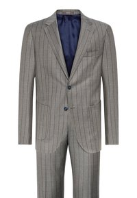 Costume rayé gris en tissu texturé. Doté de deux boutons et de revers crantés. L'intérieur est doublé d'une solidité marine.
