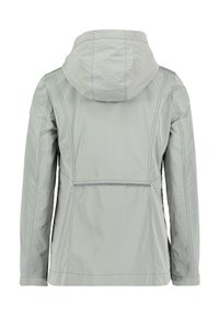 Light gray waterproof jacket with a hood, featuring a fitted design, visible stitching details, and a smooth, matte texture.