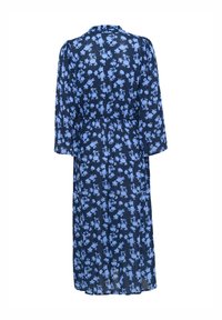 Pitkä tummansininen mekko, jossa on vaaleansiniset kukkakuviot, pitkät hihat ja muotoileva poimutettu vyötärö. Kevyt materiaali.