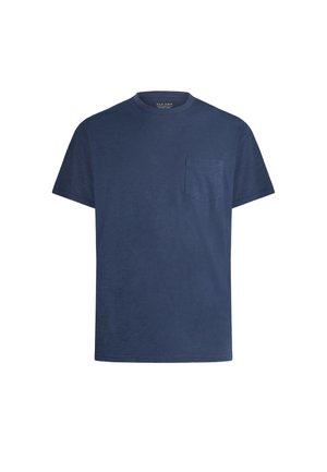 Granatowy T-shirt z krótkim rękawem, okrągłym dekoltem i kieszonką na piersi po lewej stronie.