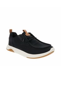 Scarpe da ginnastica nere con una parte superiore in sintetico liscio, lacci elastici e dettagli beige. Presentano un'intersuola bianca ammortizzata e una suola in gomma.