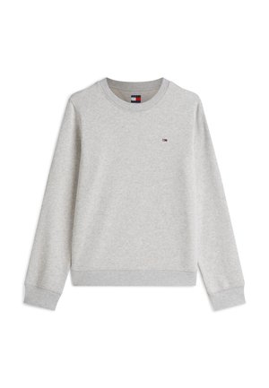 Sweat-shirt gris clair à col rond avec manches longues, poignets côtelés et petit logo rouge, blanc et bleu sur la poitrine gauche.