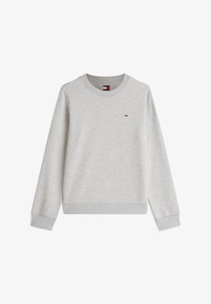 Sweat-shirt gris clair à col rond avec manches longues, poignets côtelés et petit logo rouge, blanc et bleu sur la poitrine gauche.