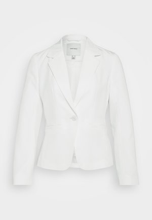 Baltas švarkas, pagamintas iš lygaus audinio, su iškirptu apykakle, vienu mygtuku užsegimu ir dviem priekinių kišenių. Priderintas kirpimas su švariomis linijomis.