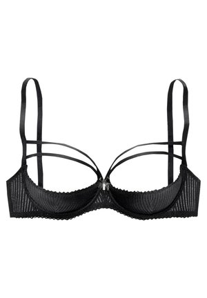 Black lace bra with a textured design, underwire support, and multiple thin straps. Features a small decorative accent at the center.