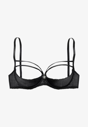 Zwarte kanten beha met een gestructureerd ontwerp, onderwiredsteuning en meerdere dunne bandjes. Heeft een klein decoratief accent in het midden.