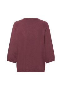 Maglione oversize color bordeaux con scollatura rotonda, maniche a 3/4 e una texture morbida, caratterizzato da un design semplice senza fantasie o decorazioni.