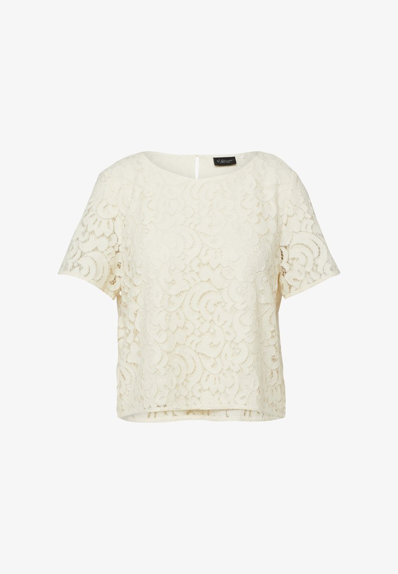 Kremowa bluzka z krótkim rękawem z koronki w kwiatowe wzory, z okrągłym dekoltem i małym zapięciem na guzik z tyłu.