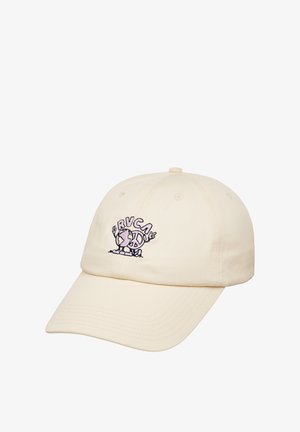 Beige cotton cap featuring a curved visor, six-panel construction, and a purple embroidered planet and peace sign graphic on the front.