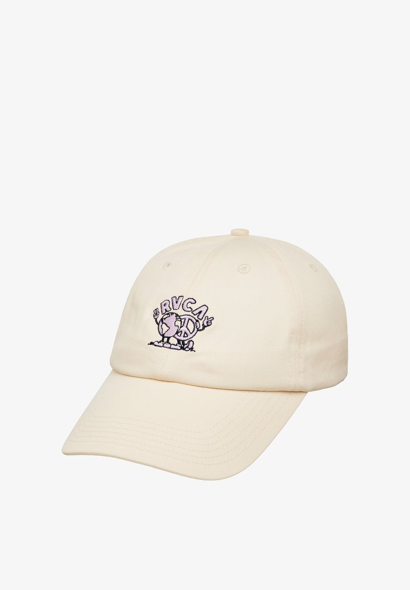 Beige cotton cap featuring a curved visor, six-panel construction, and a purple embroidered planet and peace sign graphic on the front.
