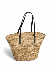 Borsa a spalla in paglia intrecciata con finitura naturale, manici in pelle nera e fodera in tessuto beige, caratterizzata da un ampio apertura superiore e forma rotonda.