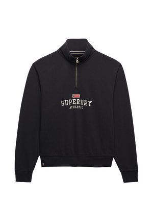 Black quarter-zip sweatshirt with "SUPERDRY ATHLETIC" text and a small American flag embroidered on the chest.