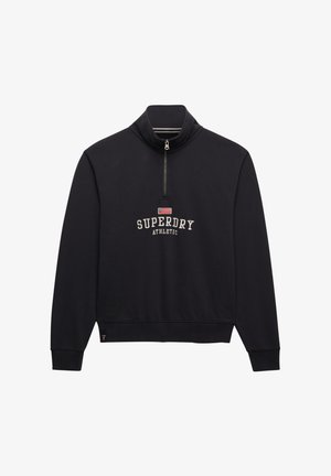 Felpa nera con mezza cerniera e la scritta "SUPERDRY ATHLETIC" con una piccola bandiera americana ricamata sul petto.