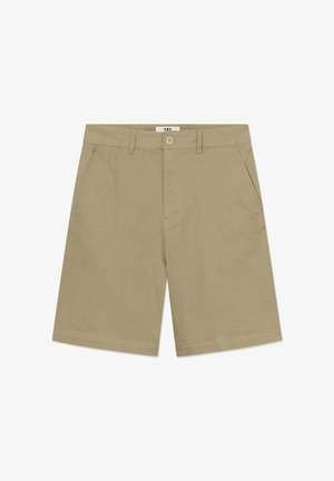 Pantaloni scurți kaki din bumbac, cu față plană, benzi pentru curea, două buzunare laterale și închidere cu un singur nasture.