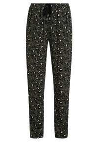 Luipaardprint broek in donkergroen met beige en zwarte accenten. Elastische tailleband met een trekkoord. Zachte stof, tapered leg ontwerp.