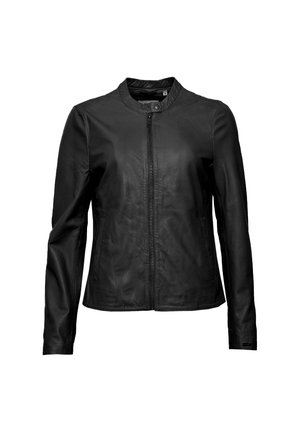 Chaqueta de cuero negro con mangas largas, cremallera frontal, cuello con botones a presión y dos bolsillos laterales mostrada sobre un fondo blanco.