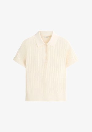 Krémovo sfarbené pletené polo tričko s krátkym rukávom s vertikálnou rebrovanou textúrou a tromi gombíkmi na prednej légii.