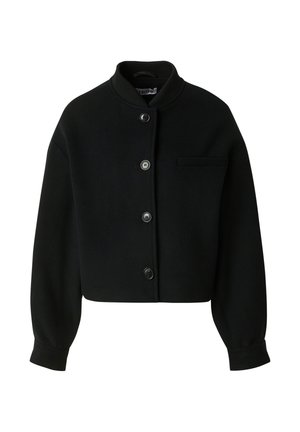 Zwarte cropped jas met een opstaande kraag, knopen aan de voorkant, lange mouwen en een klein borstzakje. Gemaakt van een gladde, gestructureerde stof.