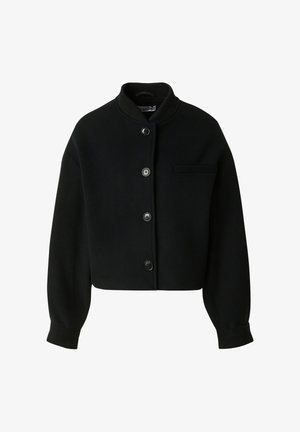 Zwarte cropped jas met een opstaande kraag, knopen aan de voorkant, lange mouwen en een klein borstzakje. Gemaakt van een gladde, gestructureerde stof.