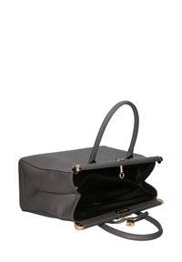 Borsa a mano grigia in pelle con un design strutturato, dotata di un manico superiore, accenti in hardware dorato e un ampio interno nero.