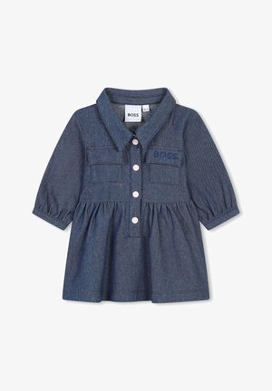Denim jurk in donkerblauw met een kraaglijn, lange poffende mouwen, twee borstzakken, een sluiting met knopen aan de voorkant en een geraffineerde rok.