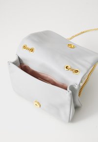 Borsa a mano in pelle grigia chiara con tracolla in oro, con un interno rosa, tasca piatta e dettagli in oro.