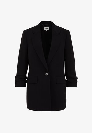 Schwarzer Blazer mit Reverskragen, einem Knopfverschluss und zwei vorderen Taschen. Taillierte Passform mit umgeschlagenen Ärmeln. Glatte Stofftextur.