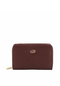 Burgundy leather wallet with a textured finish, rectangular shape, gold zipper, and a circular logo emblem on the front.