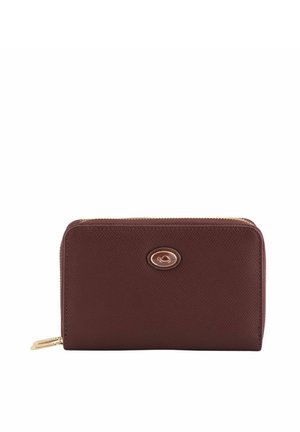 Burgundy leather wallet with a textured finish, rectangular shape, gold zipper, and a circular logo emblem on the front.