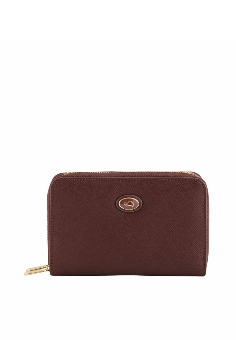 Burgundy leather wallet with a textured finish, rectangular shape, gold zipper, and a circular logo emblem on the front.