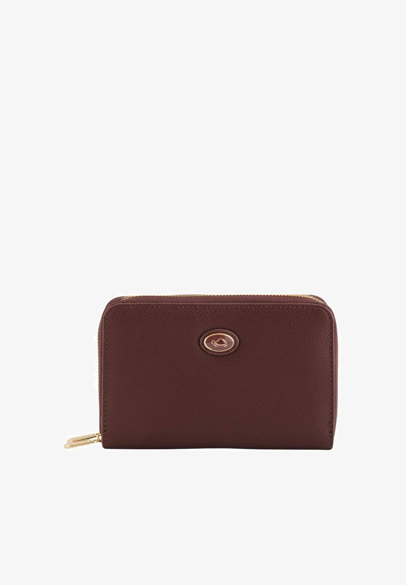 Burgundy leather wallet with a textured finish, rectangular shape, gold zipper, and a circular logo emblem on the front.