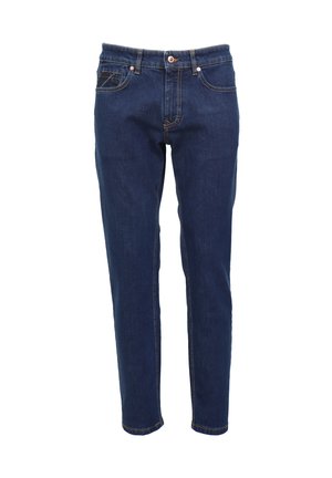 Dark blue denim jeans with a straight-leg design, featuring orange stitching and pockets, with a classic button and zipper closure.
