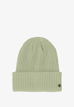 Light green ribbed knit beanie with a folded cuff, featuring a small black logo on the side. Soft texture with a snug fit.