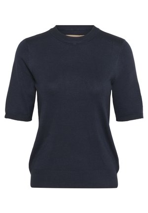 Granatowy sweter z krótkim rękawem wykonany z miękkiej dzianiny, z okrągłym dekoltem i subtelnymi prążkowanymi akcentami na dolnej krawędzi i rękawach.