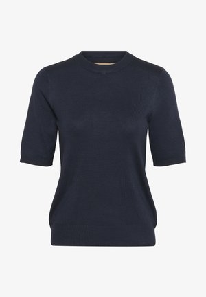 Granatowy sweter z krótkim rękawem wykonany z miękkiej dzianiny, z okrągłym dekoltem i subtelnymi prążkowanymi akcentami na dolnej krawędzi i rękawach.
