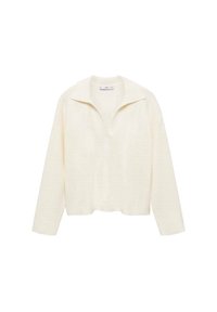 Sweter dziany w miękkim, jasnobeżowym kolorze z dekoltem w kształcie litery V, długimi rękawami i lekko skróconym krojem. Posiada prążkowaną fakturę.