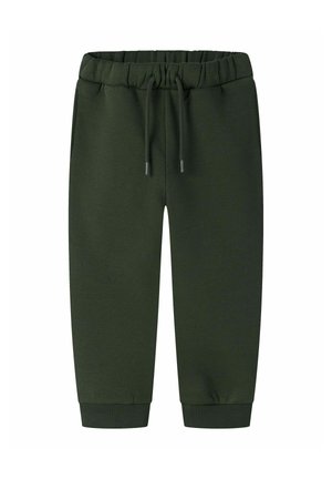 Pantalon de survêtement vert foncé pour tout-petit avec taille élastique, cordon de serrage et poignets côtelés.