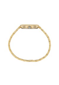 Guldfarvet armbånd med et rektangulært urkasse, der har et ribbet design og en enkelt blå ædelsten som accent, kædelignende stil, poleret finish.